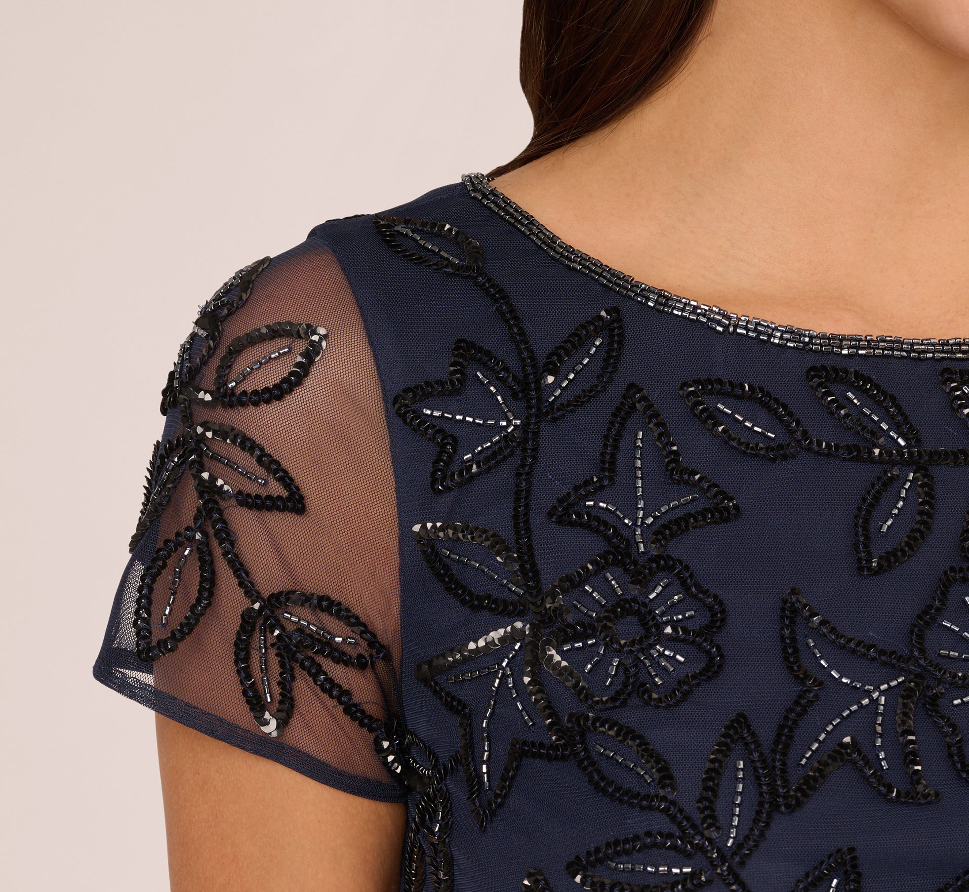 Navy Jasmine Beaded Blouson Gown With Sheer Short Sleeves - Adrianna Papell Navy Jasmine Beaded Blouson Gown With Sheer Short Sleeves - Adrianna Papell