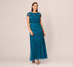 Jasmine Beaded Blouson Gown With Sheer Short Sleeves In Teal Sapphire 2