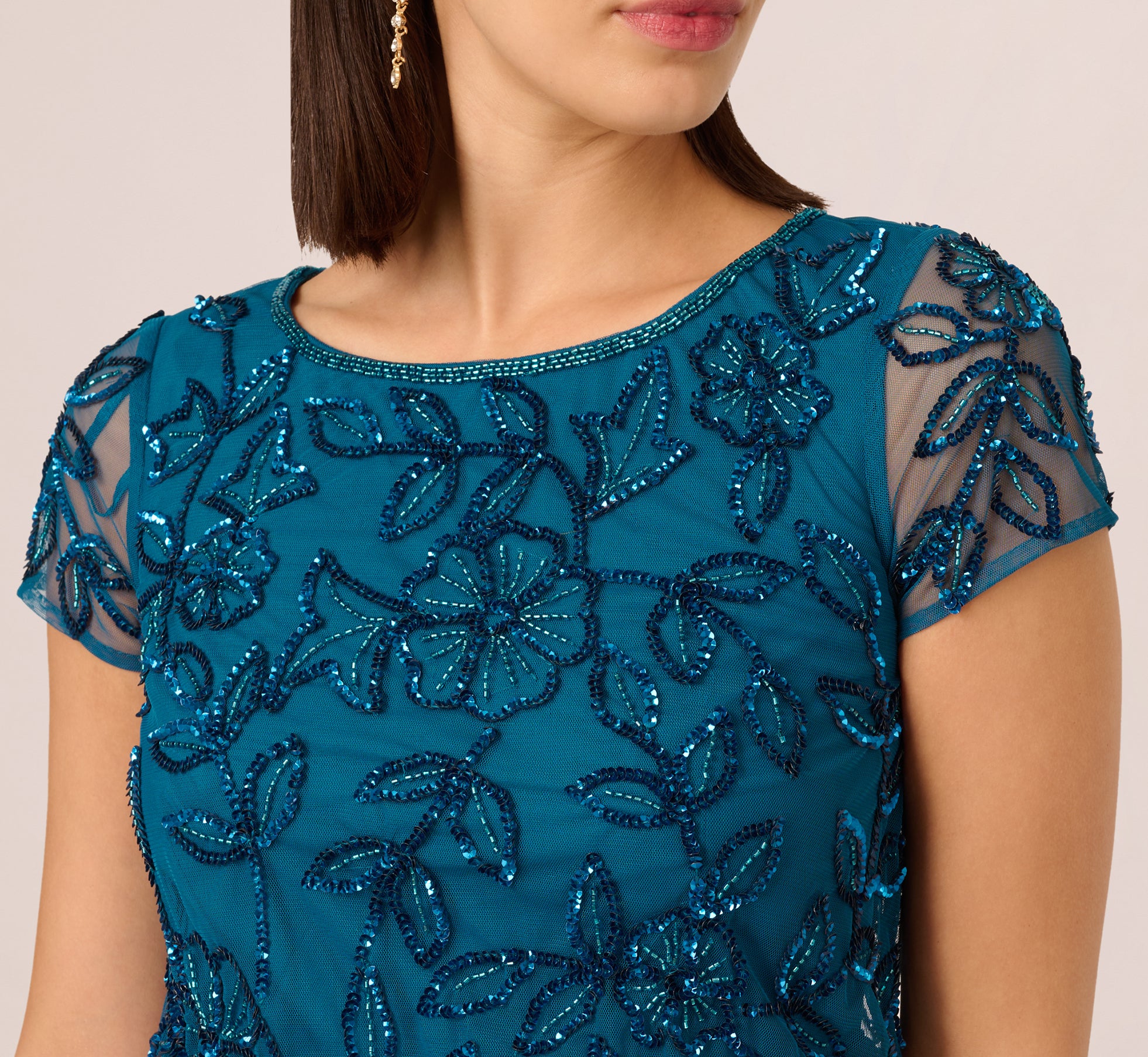Teal Sapphire Jasmine Beaded Blouson Gown With Sheer Short Sleeves