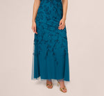 Jasmine Beaded Blouson Gown With Sheer Short Sleeves In Teal Sapphire 4