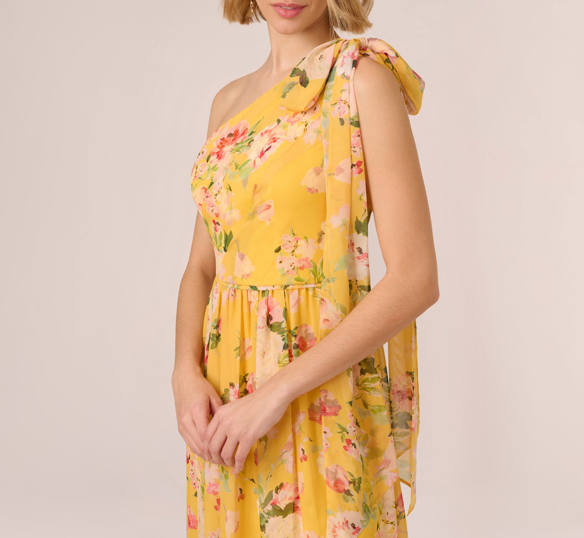 Painterly Floral Chiffon One Shoulder Gown With Bow Accent In