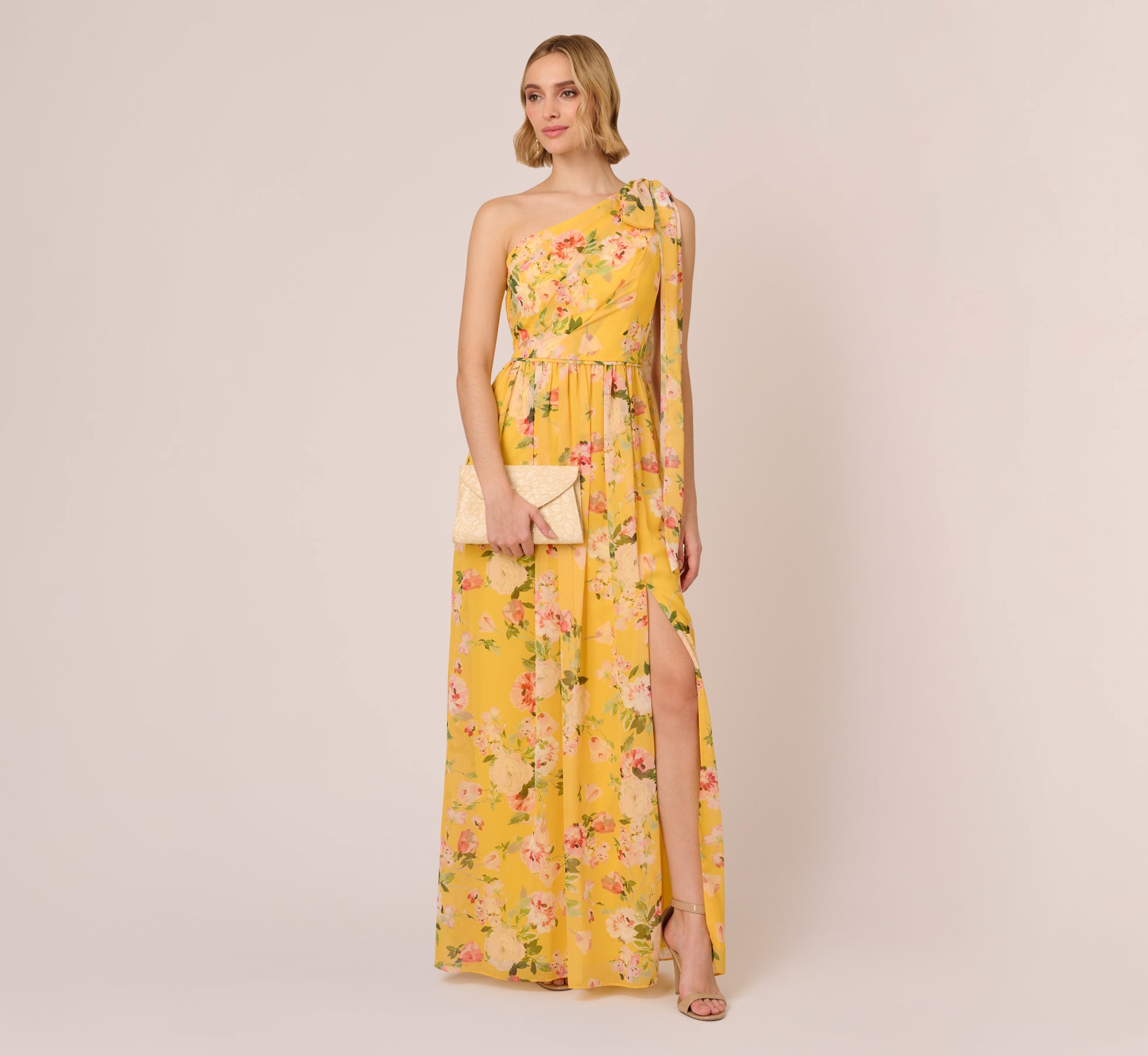 Painterly Floral Chiffon One Shoulder Gown With Bow Accent In