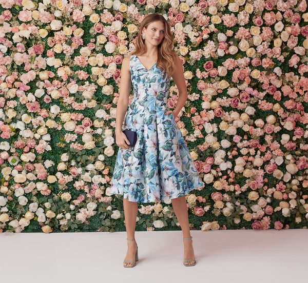 Floral Jacquard Midi Dress With Pockets In Blue Multi – Adrianna 