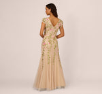 Floral Beaded Mermaid Gown With Flutter Cap Sleeves In Light Champagne 5