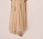 Floral Beaded Mermaid Gown With Flutter Cap Sleeves In Light Champagne 3