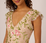 Floral Beaded Mermaid Gown With Flutter Cap Sleeves In Light Champagne 4