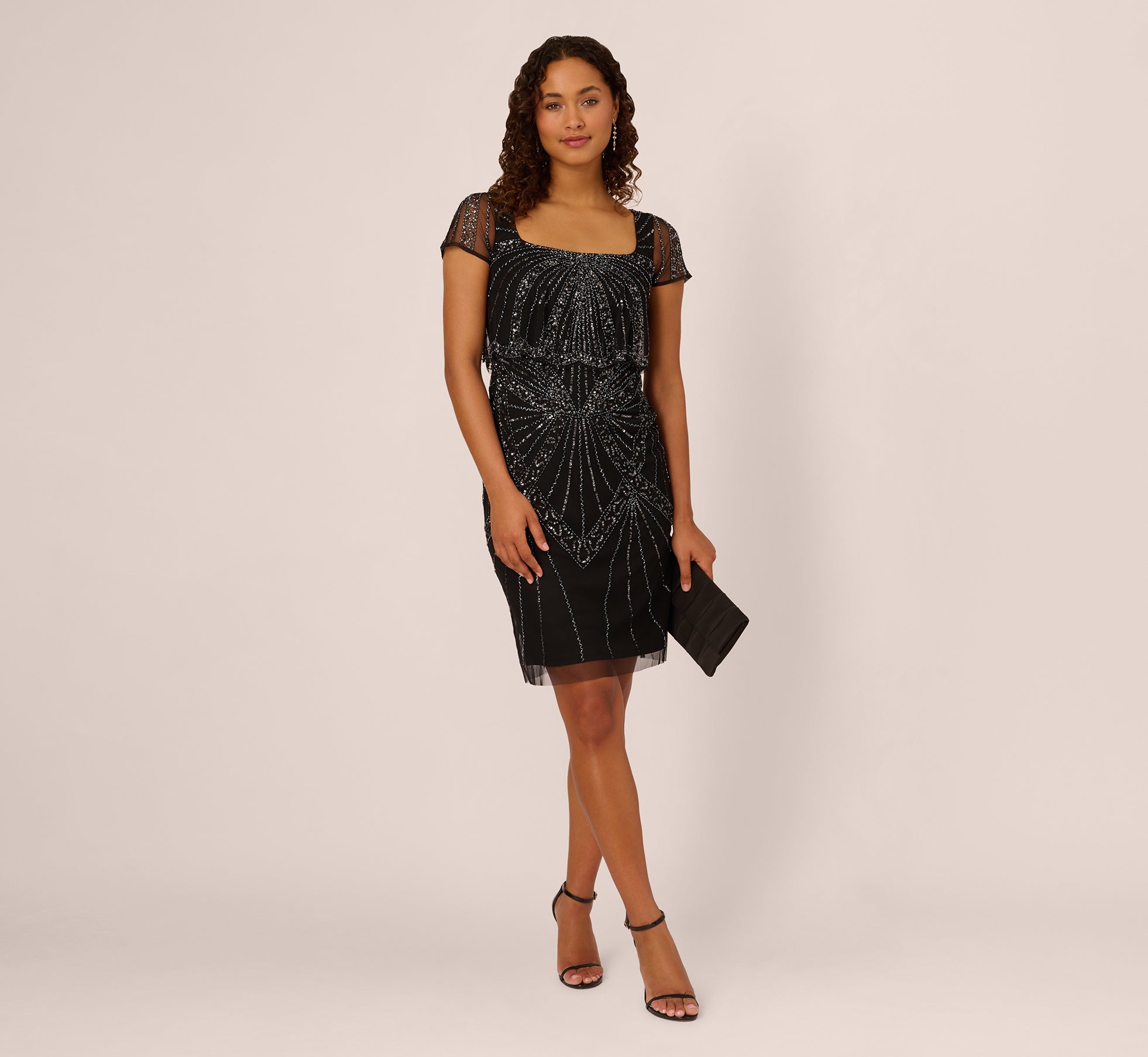 adrianna papell Beaded Popover Dress With Sheer Cap Sleeves In Black Gunmetal