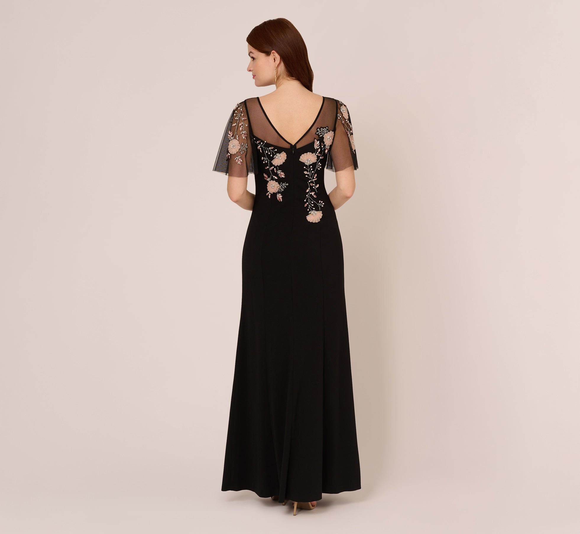 Flutter Sleeve Crepe Gown With Floral Sequin Beading In Black Blush Mu ... Flutter Sleeve Crepe Gown With Floral Sequin Beading In Black Blush Mu ...