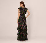 Floral Tiered Chiffon Gown With Flutter Sleeves In Black Multi 5