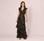 Floral Tiered Chiffon Gown With Flutter Sleeves In Black Multi 2