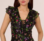 Floral Tiered Chiffon Gown With Flutter Sleeves In Black Multi 3
