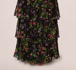 Floral Tiered Chiffon Gown With Flutter Sleeves In Black Multi 4