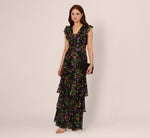 Floral Tiered Chiffon Gown With Flutter Sleeves In Black Multi 1