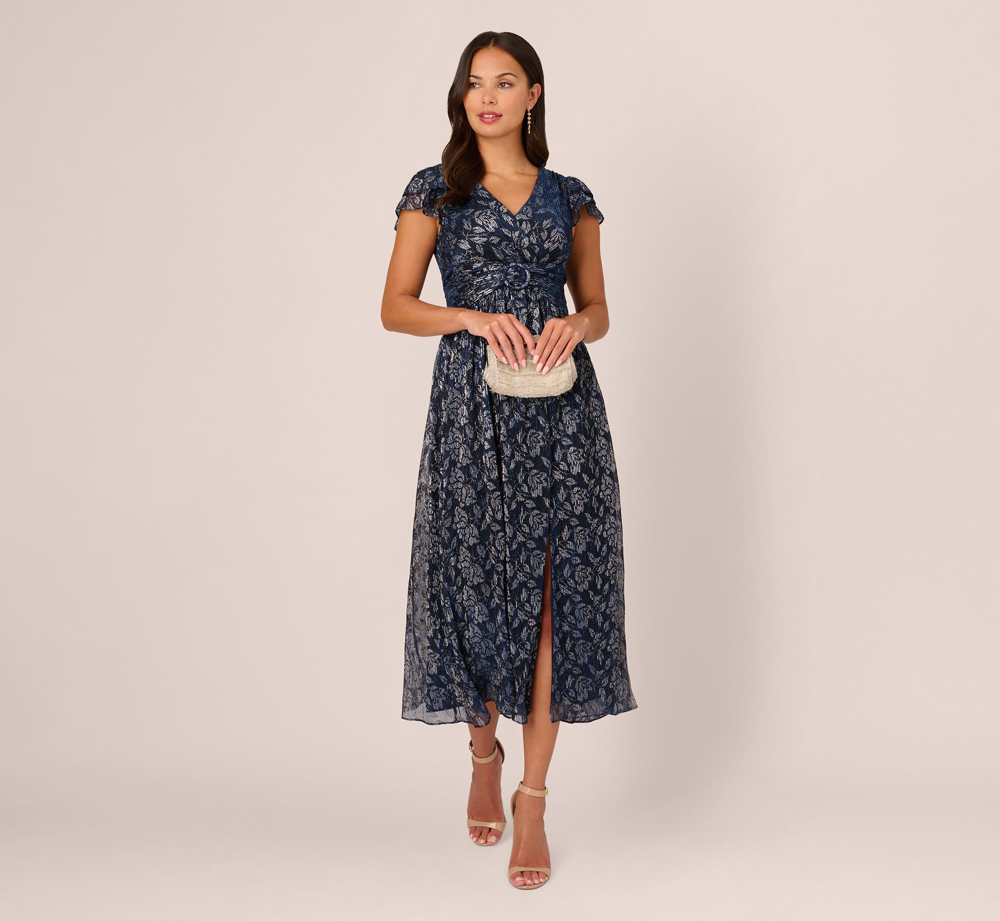 hand-beaded ankle-length dress in french blue Adrianna Papell Women's Bead Mesh Ball Gown - French Blue