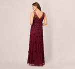 Velvet Floral Beaded Gown With Sheer Tank Straps In Mahogany 5