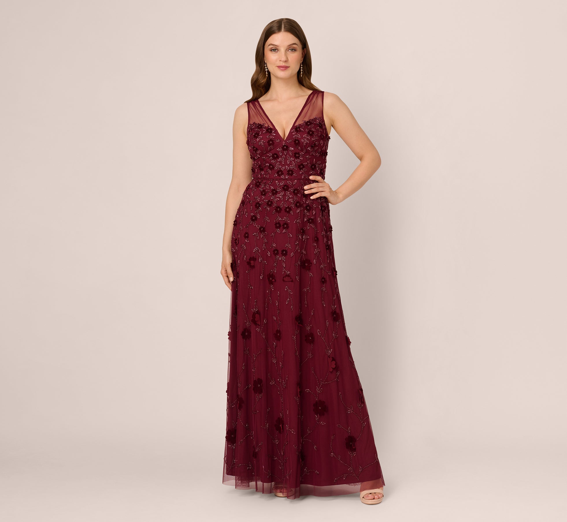 adrianna papell long dress Women's Beaded Floral Gown - Mahogany waist:32 while the back zipper pucci City Chic | Women's