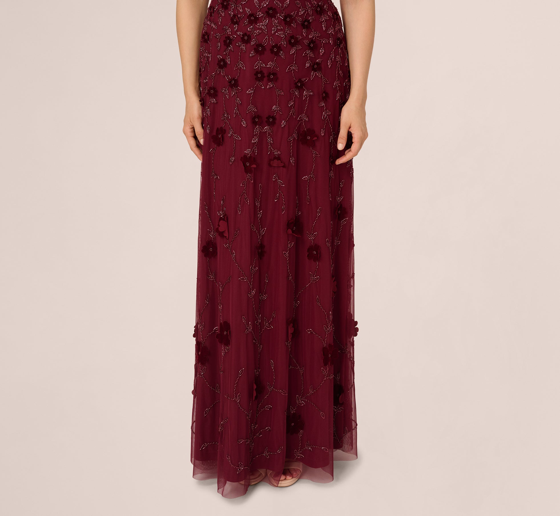 Mahogany Velvet Floral Beaded Gown With Sheer Tank Straps
