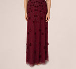 Velvet Floral Beaded Gown With Sheer Tank Straps In Mahogany 4