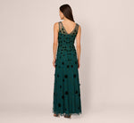 Velvet Floral Beaded Gown With Sheer Tank Straps In Gem Green 6