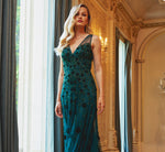Velvet Floral Beaded Gown With Sheer Tank Straps In Gem Green 1