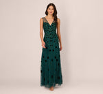 Velvet Floral Beaded Gown With Sheer Tank Straps In Gem Green 3