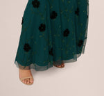 Velvet Floral Beaded Gown With Sheer Tank Straps In Gem Green 5