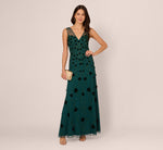 Velvet Floral Beaded Gown With Sheer Tank Straps In Gem Green 2