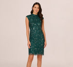 Cap Sleeve Sequin Beaded Dress With Mock Neckline In Gem Green 3