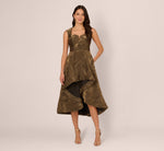 Textured Jacquard High Low Dress With Notched Neck In Metallic Gold 2