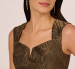 Textured Jacquard High Low Dress With Notched Neck In Metallic Gold 4