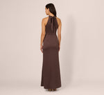 Satin Halter Mermaid Gown With Ruffle Trim In Dark Brown 6