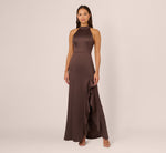 Satin Halter Mermaid Gown With Ruffle Trim In Dark Brown 3