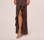 Satin Halter Mermaid Gown With Ruffle Trim In Dark Brown 4