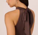 Satin Halter Mermaid Gown With Ruffle Trim In Dark Brown 5
