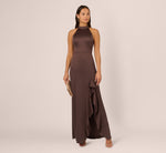 Satin Halter Mermaid Gown With Ruffle Trim In Dark Brown 2