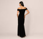 Off The Shoulder Velvet Mermaid Gown With Organza Ruffle In Black 5