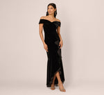 Off The Shoulder Velvet Mermaid Gown With Organza Ruffle In Black 2