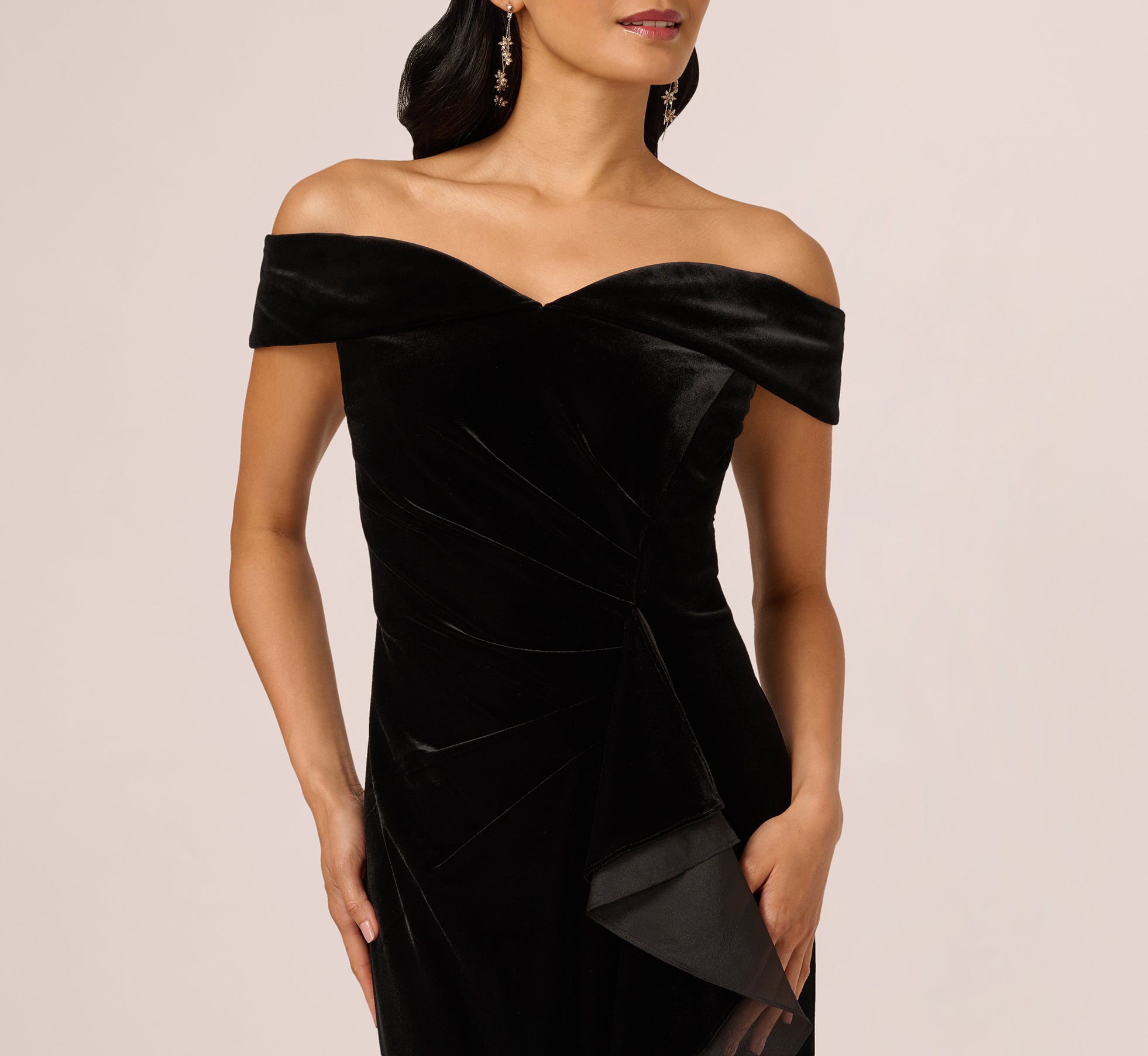 Black Off The Shoulder Velvet Mermaid Gown With Organza Ruffle