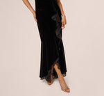Off The Shoulder Velvet Mermaid Gown With Organza Ruffle In Black 4