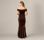 Off The Shoulder Velvet Mermaid Gown With Organza Ruffle In Dark Brown 5