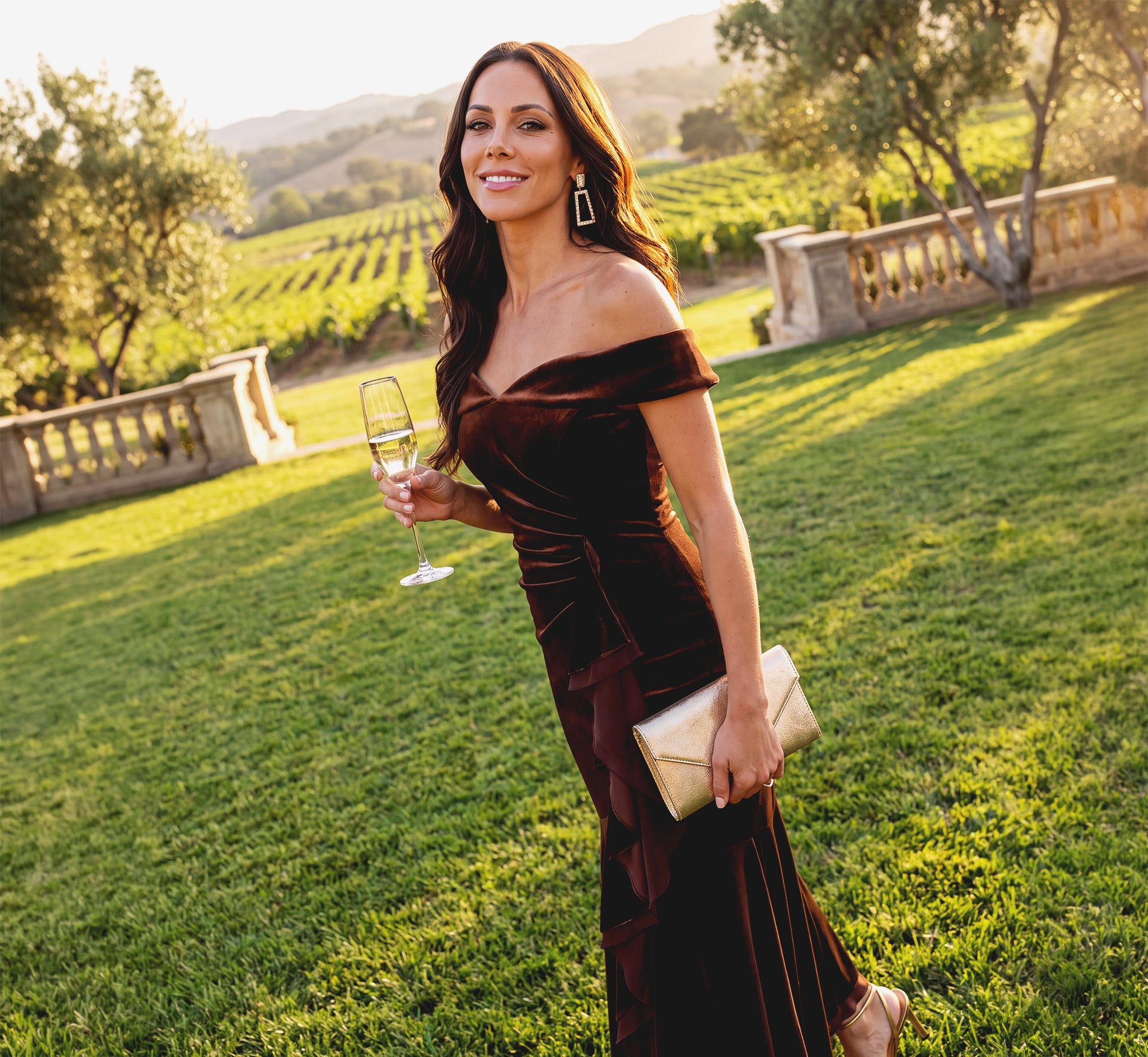 Off The Shoulder Velvet Mermaid Gown With Organza Ruffle In Dark Brown 1