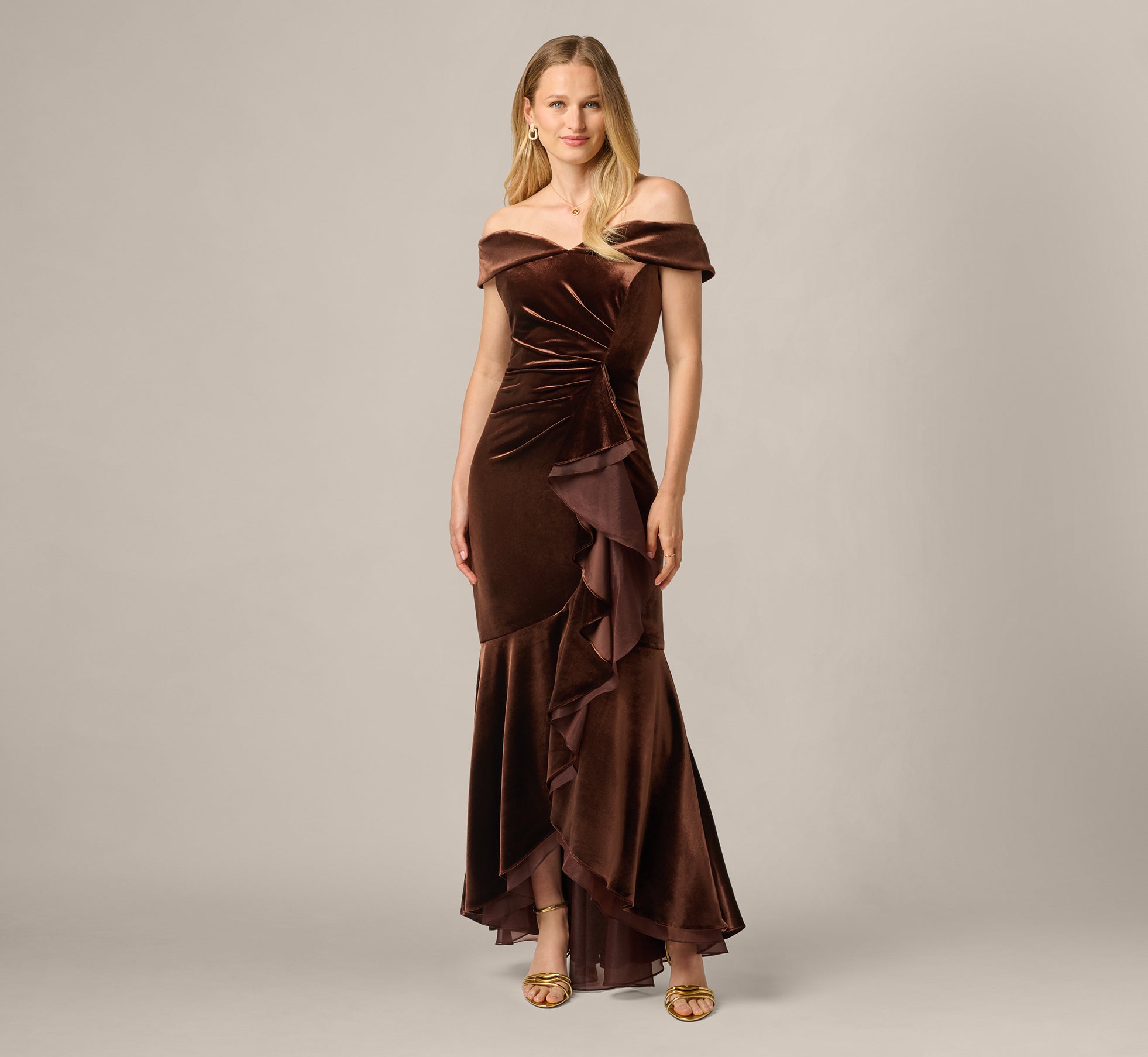 Off The Shoulder Velvet Mermaid Gown With Organza Ruffle In Dark Brown, Dark Brown / Regular / 4