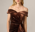 Off The Shoulder Velvet Mermaid Gown With Organza Ruffle In Dark Brown 3