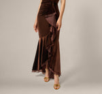 Off The Shoulder Velvet Mermaid Gown With Organza Ruffle In Dark Brown 4