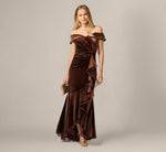 Off The Shoulder Velvet Mermaid Gown With Organza Ruffle In Dark Brown 1