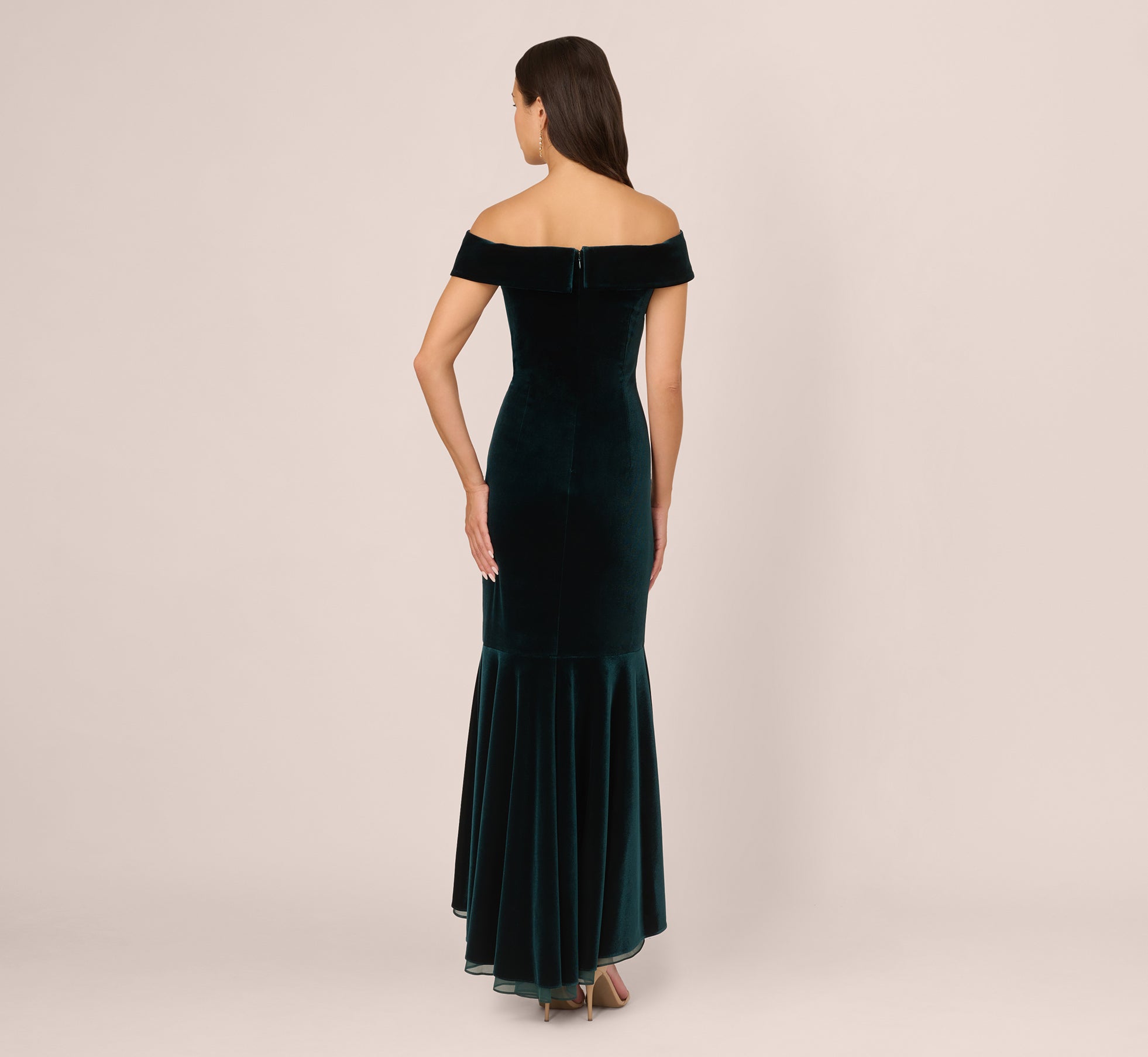 Off The Shoulder Velvet Mermaid Gown With Organza Ruffle In Hunter - Adrianna Papell Off The Shoulder Velvet Mermaid Gown With Organza Ruffle In Hunter - Adrianna Papell
