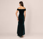 Off The Shoulder Velvet Mermaid Gown With Organza Ruffle In Hunter 5