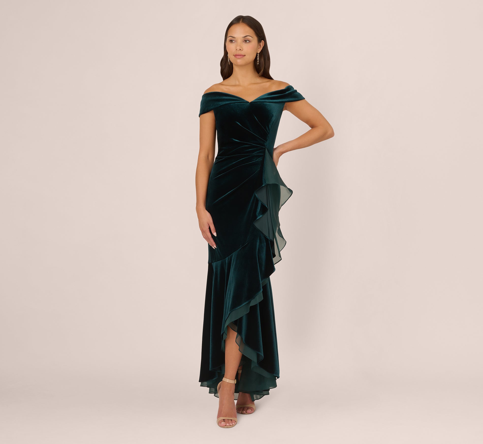 Dark Green Off The Shoulder Velvet Mermaid Gown With Organza Ruffle - Adrianna Papell Dark Green Off The Shoulder Velvet Mermaid Gown With Organza Ruffle - Adrianna Papell