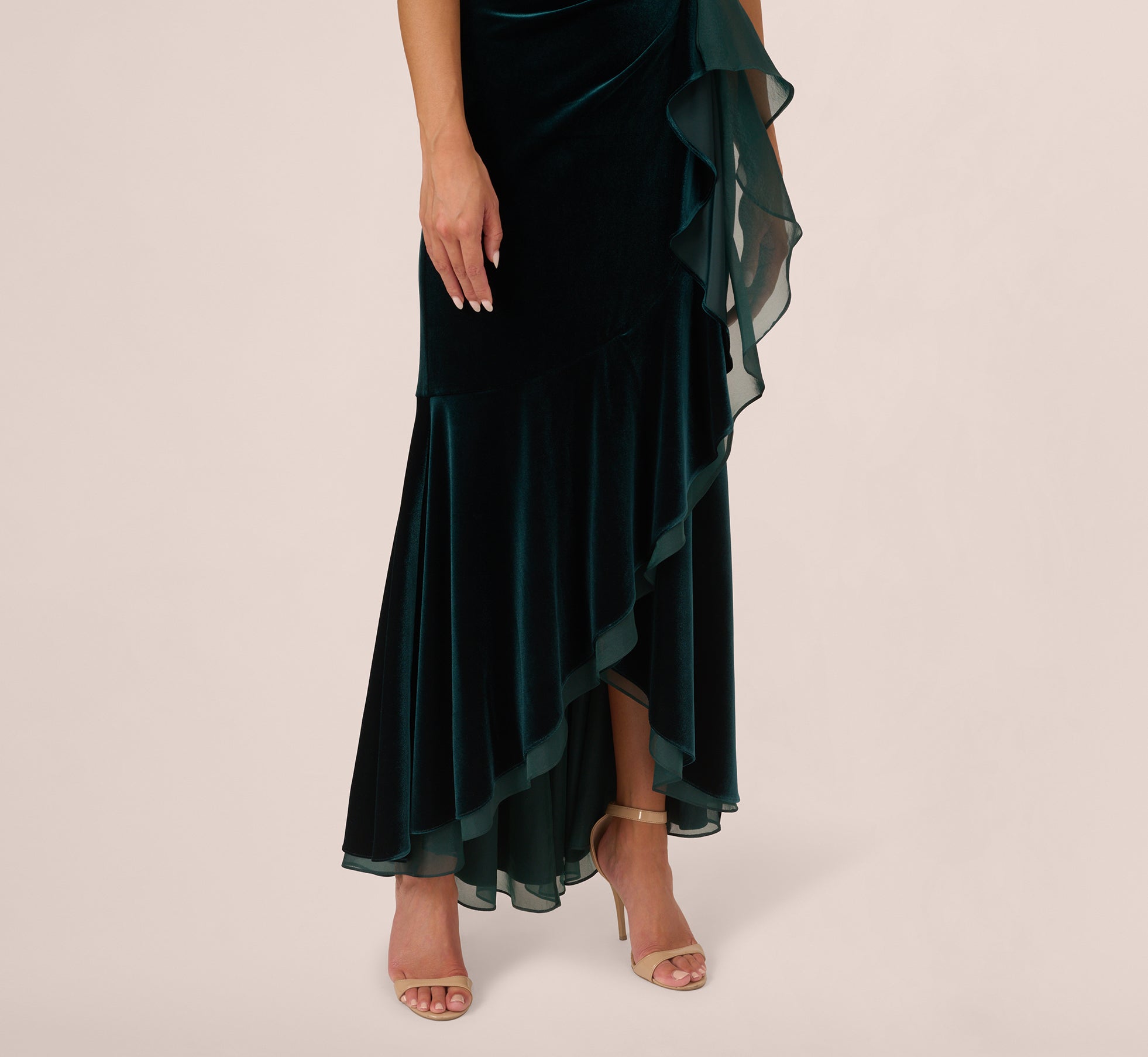 Dark Green Off The Shoulder Velvet Mermaid Gown With Organza Ruffle - Adrianna Papell Dark Green Off The Shoulder Velvet Mermaid Gown With Organza Ruffle - Adrianna Papell