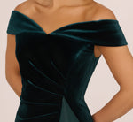 Off The Shoulder Velvet Mermaid Gown With Organza Ruffle In Hunter 4